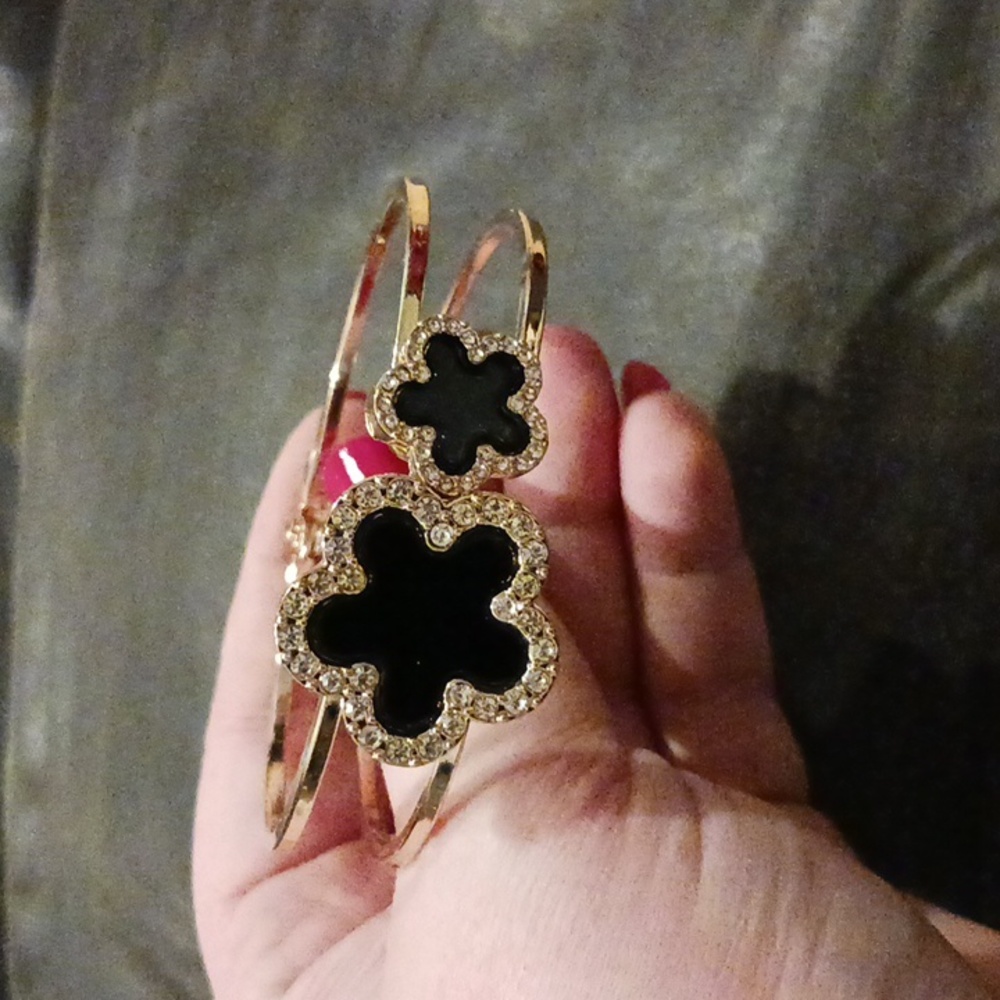 Gold Plated Diamond Flower Clover Bangle Bracelet